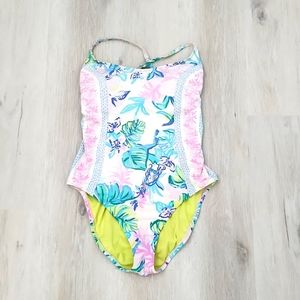 Lilly Pulitzer Women Sz 10 Floral One Piece Swimsuit Cross Back Pink lined pink